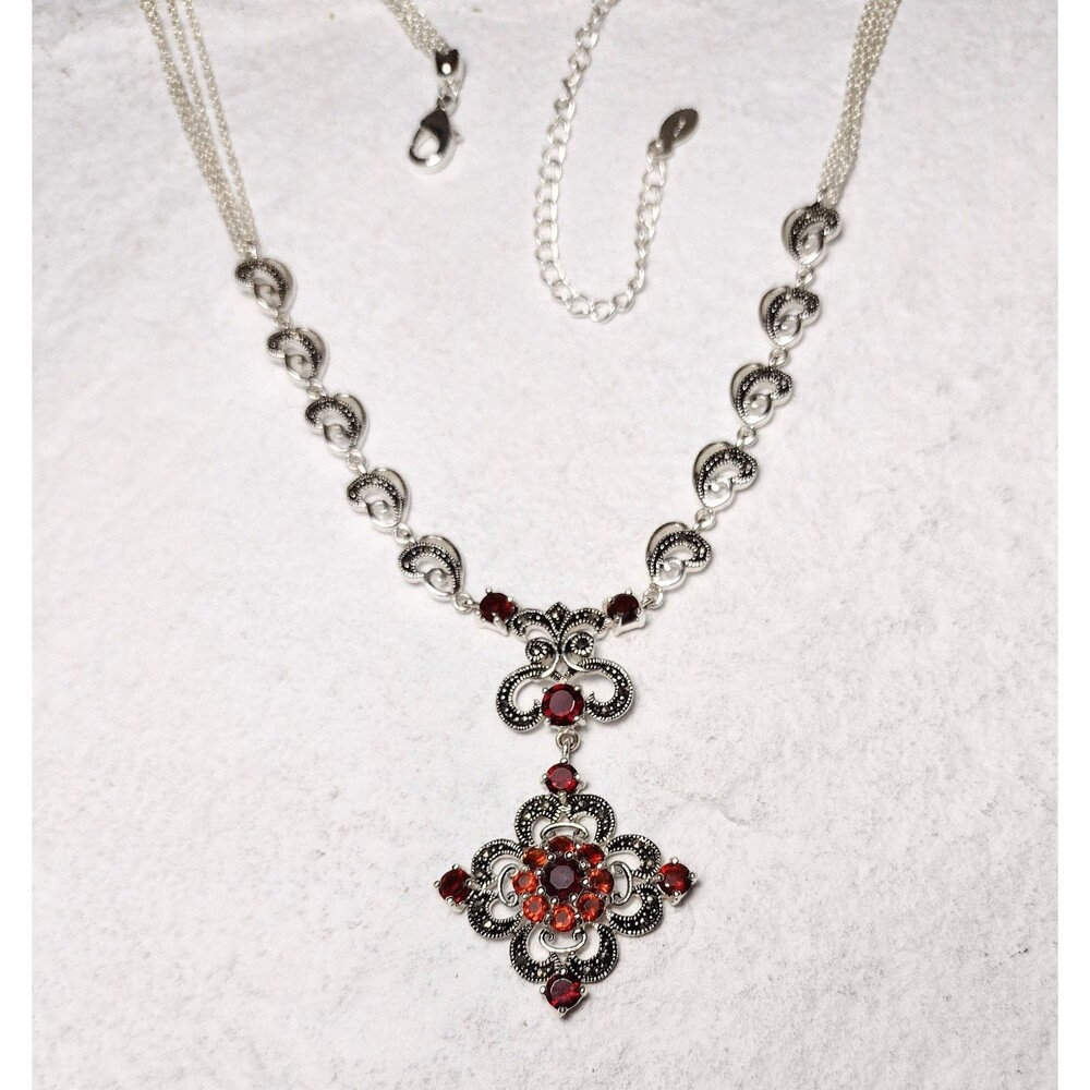 Ornate Garnet CZ Marcasite Silver Filigree Pendant Necklace Signed - Picture 9 of 12